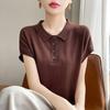 Suéter de cuello POLO de crochet francés para mujer, camiseta de manga corta, top fino de color sólido que combina con todo, novedad de verano de 2024
