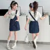 Conjunto de Vestido de Alça Única Estiloso com Laço para Meninas - Verão 2026 Novo Estilo Versátil Conjunto de Duas Peças com Manga Curta para Meninas Mais Velhas
