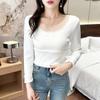 Top Cálido con Forro de Polar para Mujer en Invierno, Camiseta de Manga Larga Base Ajustada con Empalme de Encaje Engrosado