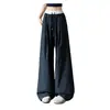 Pantalones de cuadros azul marino retro americano para mujer, nuevo estilo de verano, finos, adelgazantes, holgados, de pierna recta, pantalones casuales de pierna ancha