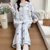 Pijama Sandwich de Algodón para Mujer Otoño e Invierno Nuevo Lindo Rayas Dibujos Animados Cárdigan de Manga Larga Espesado Conjunto de Ropa para el Hogar