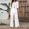 Traje de Calça Longa com Barra Irregular Feminino 2026 Elegante Moderno Casual Camisa de Botão Manga Meia Manga Conjunto Solto de Duas Peças