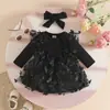Vestido Romper de Tela de Punto Nueva para Bebé Niña Otoño Invierno con Parches de Malla de Mariposa de Tejido de Punto Color Sólido Manga Larga con Fruncidos de Encaje