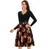 C0595 AliExpress ebay Vestido de Halloween para mujer ola cuello en V manga larga costuras estampado de calabaza vestido de vuelo amplio