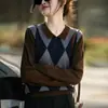 Suéter de Punto Fino con Cuello Polo para Mujer, Manga Larga, Patrón de Diamantes, Bloques de Color, Suéter Básico, Nuevo para Otoño e Invierno 2026