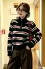 Cárdigan de punto a rayas nuevo transfronterizo para mujer, otoño e invierno, suelto, adelgazante, versátil, suéter, chaqueta con cremallera, top