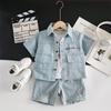 Roupas Novas de Verão 2026 para Bebês e Crianças Pequenas, Conjunto de Roupas Jeans Estilo Coreano, Calça Jeans de Manga Curta para Meninos, Conjunto de Duas Peças Moderno