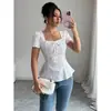Moda Feminina de Verão Transfronteiriça Europeia e Americana Elegante Casual Blusa de Renda Gola Quadrada Laço Manga Curta Top