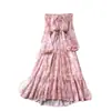 Vestido Floral de Lujo Ligero Estilo Francés con Cinturón para Mujer, Vestido de Hombros Descubiertos con Mangas Largas, con un Ambiente de Alta Gama y Elegante