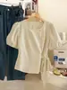 Camisa casual de algodón y lino para mujer, manga larga, cuello cuadrado, con patrón de jacquard a rayas, para primavera/verano