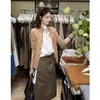 Thirteen Lines Coleção Outono 2026: Camisa de linho elegante, de cor sólida, com design de blusa de tricô falsa de duas peças para mulheres
