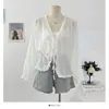 Cardigan com Proteção Solar para Mulheres, Estilo Delicado com Borda Franzida e Patchwork, Laço, Primavera 2026, Caimento Solto, Peça de Roupa que Reduz a Aparência da Idade