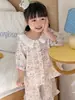 Conjunto de Pijama de Manga Corta de Verano para Niños 2026 Nuevo Tipo Gasa de Algodón Puro con Encaje Cuello Redondo Ropa de Casa para Bebés Niñas