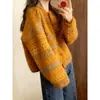 Cárdigan jacquard amarillo de estilo étnico versátil para mujer, nuevo modelo otoño e invierno, elegante y juvenil, abrigo de punto versátil