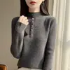 Camiseta base de cuello medio, top de punto ajustado para mujer, nuevo estilo otoño e invierno, de manga larga, adelgazante y de talla pequeña