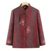 Nova Roupa Quente com Veludo de Outono/Inverno Roupa para Mãe de 70 Anos Jaqueta Bordada de Gola Alta Solta Roupa de Meia-Idade para Mulheres