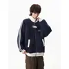 Chaqueta de retazos estilo americano de moda transfronteriza con cremallera y solapa para hombres y mujeres, primavera y otoño, retro, holgada, para pareja, versátil, con capucha y forro de terciopelo