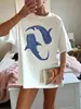 Camiseta Simples com Estampa de Tubarão-Baleia Azul para Mulheres, Top de Verão, Camiseta Oversized Confortável com Gola Redonda, Roupa Casual Feminina