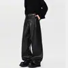Pantalones casuales de cuero PU estilo retro de Hong Kong para hombre, de cintura alta, rectos, de pierna ancha, largos hasta el suelo, modernos