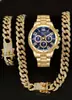 Conjunto de Relógio de Quartzo Masculino ZHWE + Corrente Cubana Totalmente Cravejada, Modelo Dourado com Mostrador Grande e Luz Azul, Presente Masculino da Moda Hip-Hop