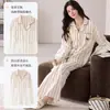 Pijama de algodão puro com peito acolchoado, conjunto de calça comprida e manga longa, tamanho plus size, cardigã com gola de lapela, roupa de casa simples feminina, estilo listrado para primavera e outono