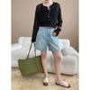 Shorts Vaqueros Sinan Principios de Verano Vitalidad Azul Lavado Alargadores de Pierna Cintura Alta Rectos Sueltos de Pierna Ancha Sn7584