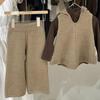 Mori Children's Wear Outono Meninas Camelo Malha Colete Com Capuz Camisola Infantil Calças de Perna Larga Moda Terno Casual Tendência