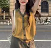 Chaleco cárdigan de punto sin mangas con cuello polo de color block retro estilo francés para mujer, único y hermoso con un diseño de espalda calada para el verano