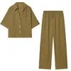 Ropa de Verano para Mujer de Comercio Exterior: Conjunto de Blusa Casual con Cuello Camisero de Manga Corta y Caída, y Pantalones Largos Rectos Elásticos de Cintura Alta