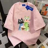 Camiseta de Manga Corta Versátil de Marca Trendy Ins de Algodón Puro para Mujer con Diseño de Gato Pintura al Óleo de Dibujos Animados Tops de Pareja para Hombre