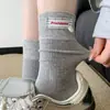 Calcetines con Funda de Etiqueta de Tela Gris Estilo Coreano para Mujer, Calcetines de Algodón Puro de Media Caña para Otoño e Invierno, Calcetines Holgados Sin Costuras para Primavera y Otoño para Combinar con Zapatos Birkenstock