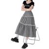 Falda de pastel a cuadros blanco y negro estilo francés para mujer, Nuevo estilo de primavera, Cintura alta, Corte A, Efecto adelgazante, Falda tipo paraguas con empalme de encaje, Falda de longitud media