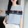 Nuevo top de punto para mujer de manga corta, jacquard de organza de lana fina a rayas, tejido de rombos, estilo coreano, para el verano