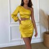 Vestido Curto Sexy de Ombro Único com Cordão Estampado Escuro de Cor Única Novo Estilo Transfronteiriço Primavera e Verão Europeu e Americano 8622