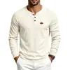 Camiseta de Punto Gofrado de Color Liso para Hombre de Comercio Exterior de Nicho Estilo Retro Casual Camisa Henley de Manga Larga Raglán para Hombre