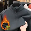 Outono e Inverno Masculino Meia-Zip Gola Alta Malha Fina Escovada Camada Base Quente Cor Sólida Com Veludo Espessado Tricô Top