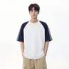 Camiseta Unissex de Verão Tendência Estilo Retro Americano Color-Blocked Patchwork Listrado Algodão Puro Manga Curta Corte Regular High-End