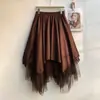Saia Evasê de Camurça com Franjas Estilo Wasteland para Mulheres, Nova Saia Irregular com Patchwork de Renda de Cintura Alta Outono/Inverno