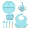 Conjunto de Louça de Silicone, Tigela de Comida Infantil, Utensílios de Prato de Comida de Grau Alimentício, Garfo, Colher, Copo de Água, Babador em Estoque