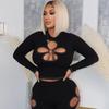 9072 Roupa Feminina Transfronteiriça Europeia e Americana para Exportação Gola Redonda Barriga de Fora Versátil Justa Recorte de Quatro Folhas Cor Pura Blusa de Manga Comprida T-Shirt