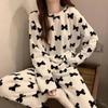 Pijama de Vellón Coral Estampado Otoño e Invierno Lindo Dulce Ropa de Exterior Traje de Manga Larga Grueso Cálido para Mujer Cuello Redondo Ropa para el Hogar