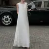 MoneeChPuro Branco Orvalho da ManhãLinho Tencel Solto Sem Mangas Longo Branco Vestido Relaxado Estilo Old Money