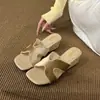 Chinelos Femininos 2026 Verão Novo Estilo Francês de Luxo Sandálias de Veludo com Tiras para Uso Externo, Sola Reta Macia Sandálias Versáteis de Praia