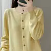 Nuevo estilo de primavera, cárdigan de punto 100% lana, cuello redondo, longitud corta, corte holgado, suéter elegante, chaqueta de color liso para mujer