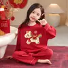 Pijama para Niñas Estilo Nuevo Año Zodiacal Rojo 2026, Ropa de Casa de Manga Larga de Imitación de Algodón para Primavera y Otoño para Niños Mayores