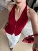 Colete de Suspensório Vermelho com Gola Halter Feminino para Verão Peça Externa Fina de Alta Qualidade Estilo Burguês Pequeno Francês Top Único Sem Costas e Sem Mangas