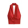Camisola Sexy de Cuello Halter en V Estilo Francés Moda Femenina Versátil Casual Camisa Base Top Atrevido Hermoso Espalda Descubierta