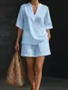 Traje Casual Europeu e Americano Verão Novo Decote V Manga Curta Shorts com Cintura Elástica Cor Sólida Simples Roupas Femininas Transfronteiriço Amazon