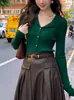 EAI YI Estilo Floresta Norueguesa Outono Inicial Retrô Emagrecedor Gola Lapela Suéter de Tricô Feminino Manga Longa Ajustado Verde
