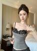 Top de nicho ajustado sin mangas con costuras de encaje estilo coreano de verano con tirantes finos y estilo sexy para chica sexy de estilo gris